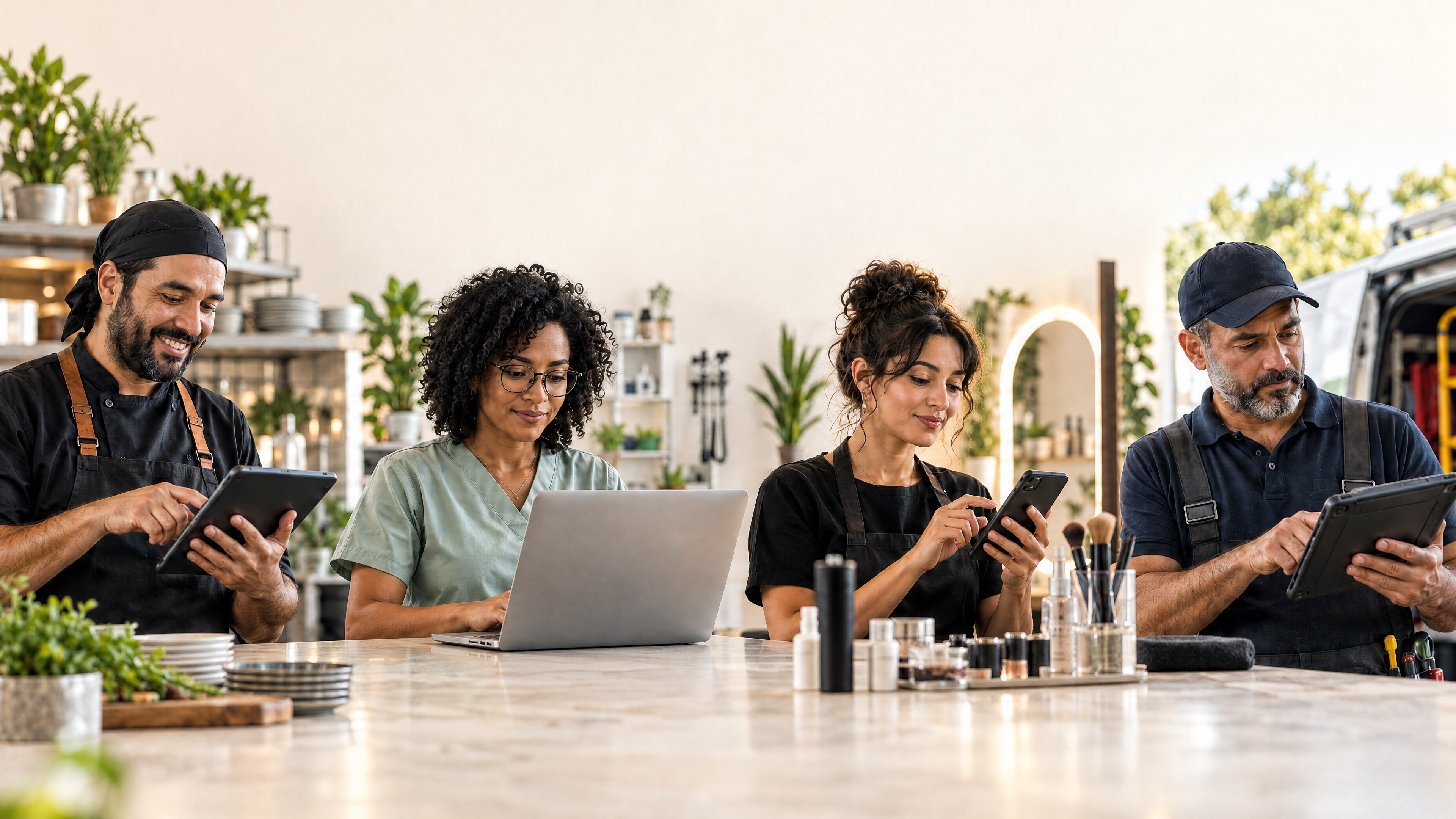 Profissionais de restaurantes, clínicas, beleza e serviços para casa usando tecnologia no dia a dia.
