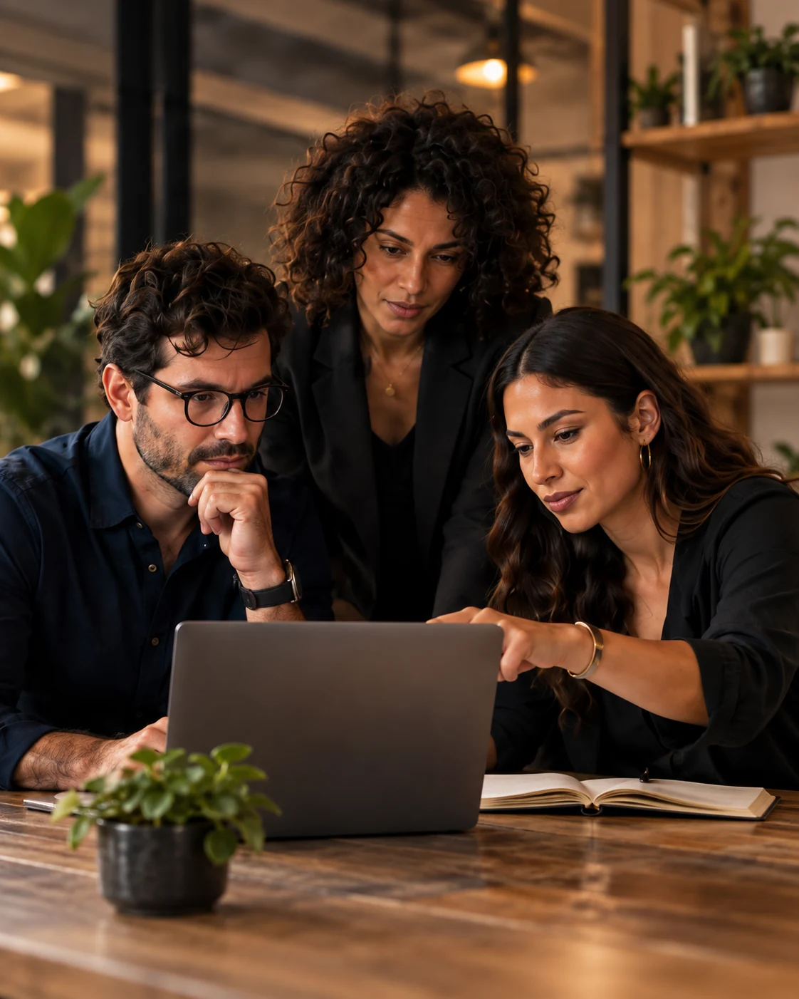 Equipe reunida em torno de um computador para organizar a operação.