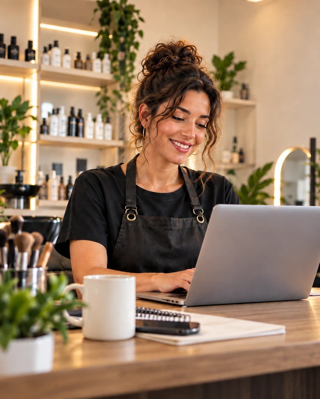 Profissional de beleza trabalhando com um notebook em seu salão.